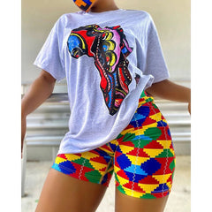 2PC Print Shorts Suits Women Vintage Short Sleeve Shirt And Short Pants Suit Set Casual Outfit - Flexi Africa - FREE POST