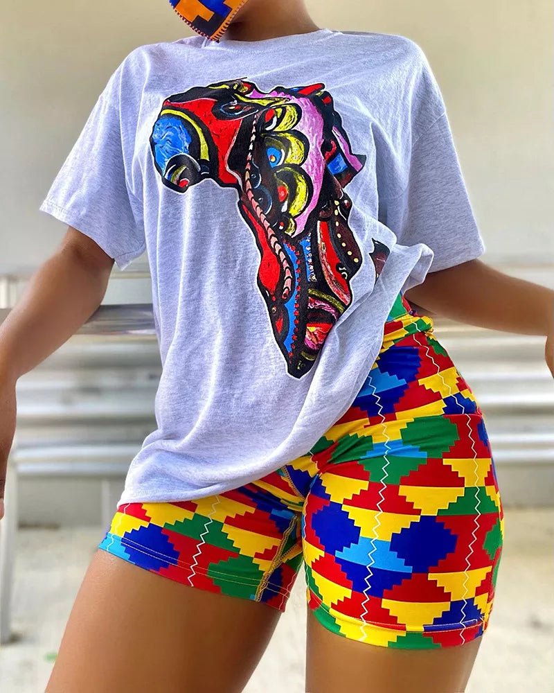 2PC Print Shorts Suits Women Vintage Short Sleeve Shirt And Short Pants Suit Set Casual Outfit - Flexi Africa - Flexi Africa offers Free Delivery Worldwide - Vibrant African traditional clothing showcasing bold prints and intricate designs