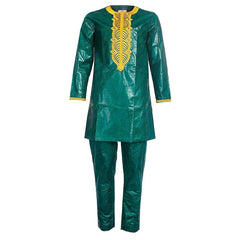 3PC Men Clothes Traditional with Riche Bazin Embroidered Bazin Green Wide Sleeved Robe Formal Attire - Free Delivery Worldwide only at Flexi Africa