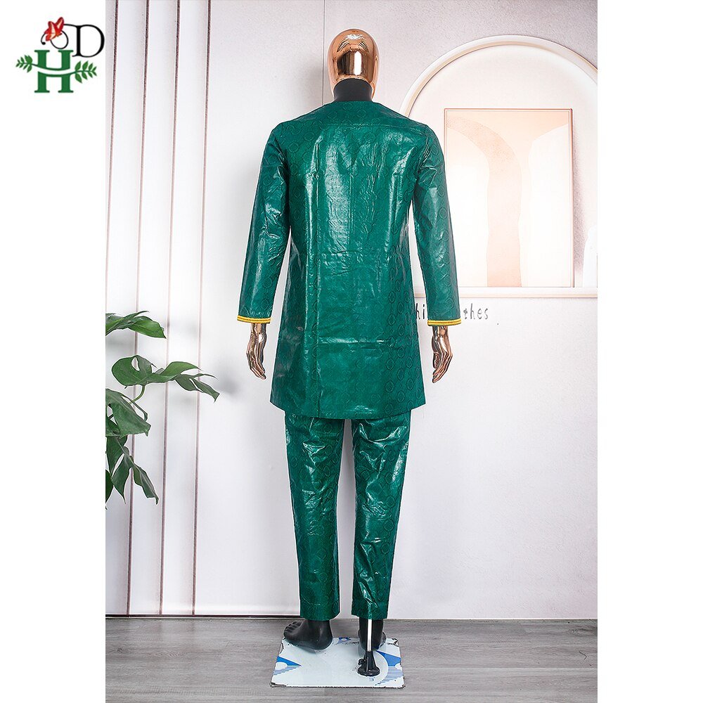 3PC Men Clothes Traditional with Riche Bazin Embroidered Bazin Green Wide Sleeved Robe Formal Attire - Free Delivery Worldwide only at Flexi Africa