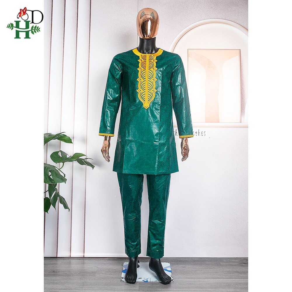 3PC Men Clothes Traditional with Riche Bazin Embroidered Bazin Green Wide Sleeved Robe Formal Attire - Free Delivery Worldwide only at Flexi Africa