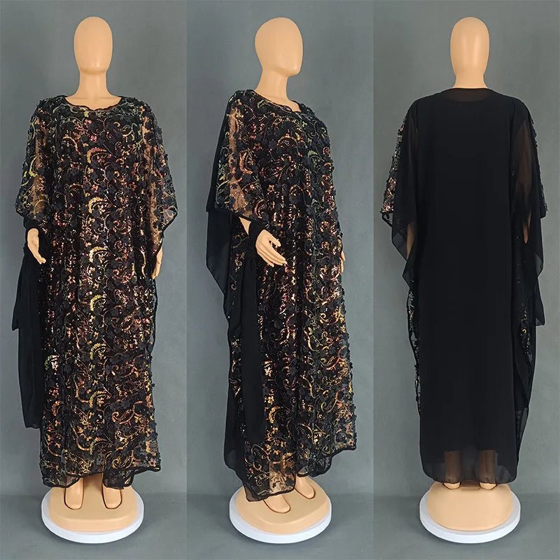 3PCS African Dresses for Women Muslim Sequins Flower Abaya Kaftan Moroccan Caftan Dashiki Robe Ankara Traditional Boubou Dress - Free Delivery Worldwide only at Flexi Africa