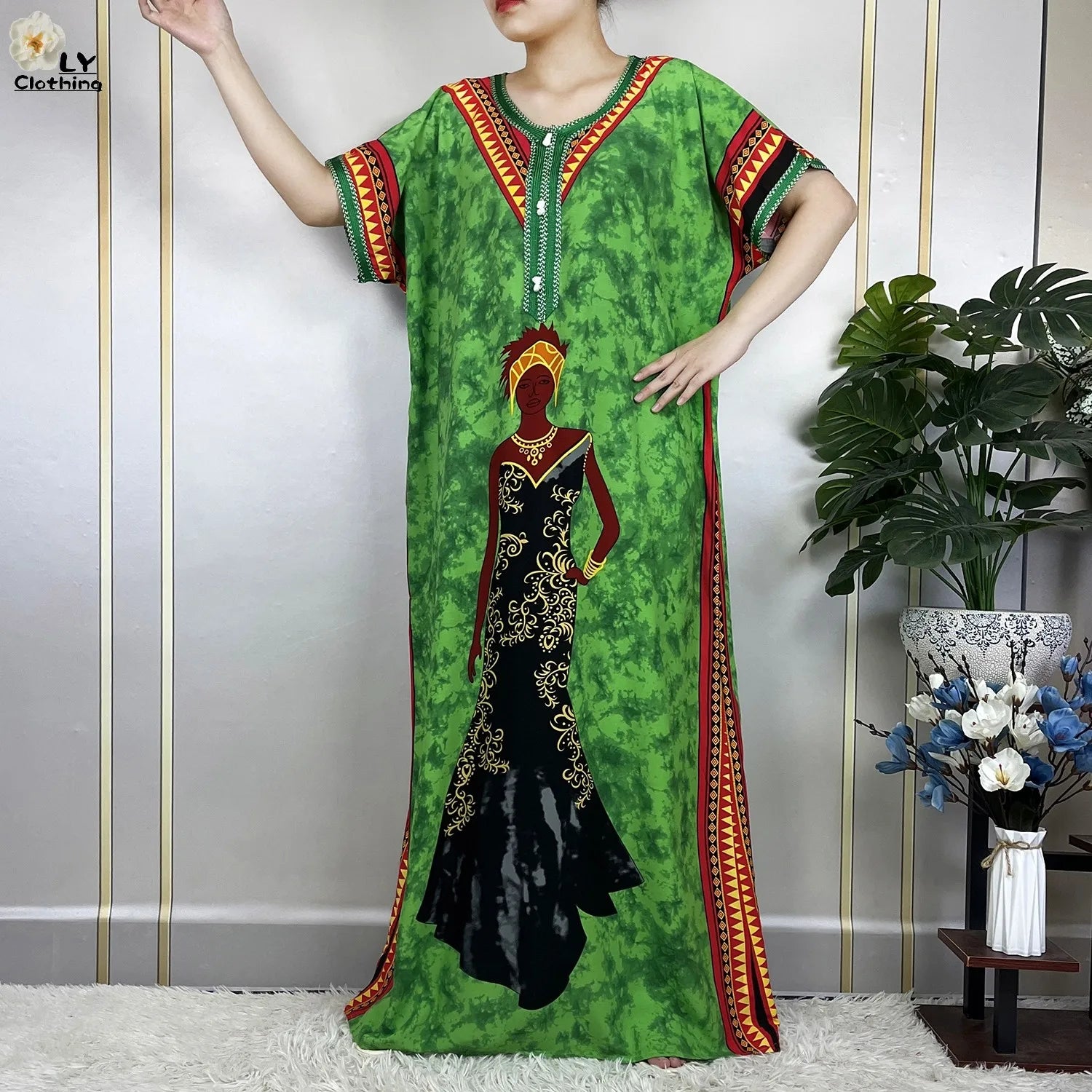 Elegant African Style Cotton Abaya Dress for Women with Patterned Print - Loose Fit Short Sleeve Muslim Rob