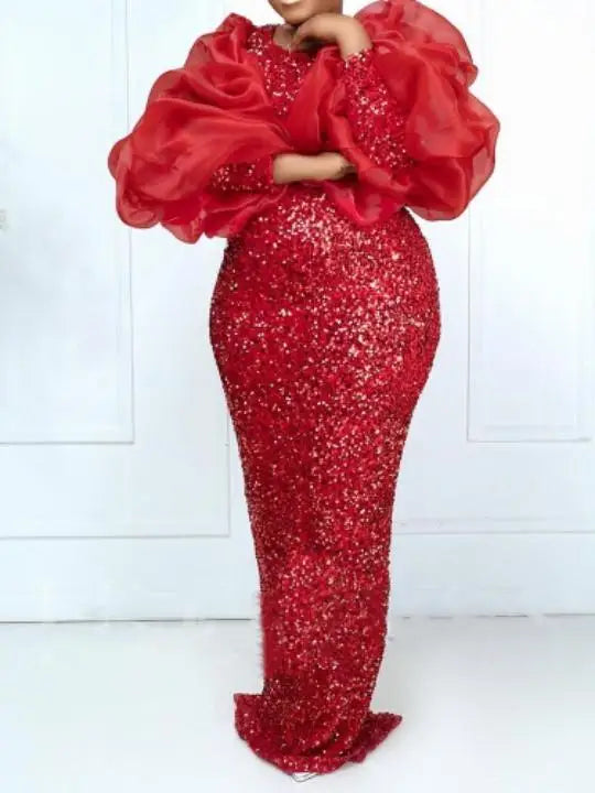 African Long Sleeve Maxi Dress for Women – Sequin Detail, Black & Red, Sizes S-3XL