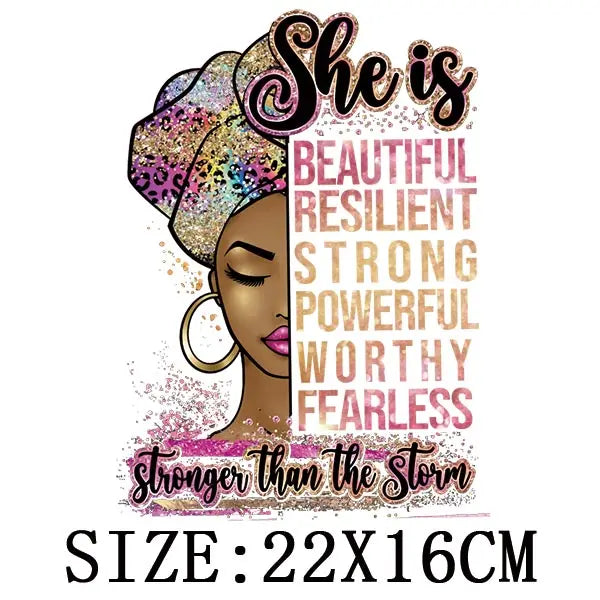 Black Queen Iron - On Heat Transfer: Glitter African Lady Applique for T-Shirts, Hoodies, and Clothing - Free Delivery Worldwide only at Flexi Africa