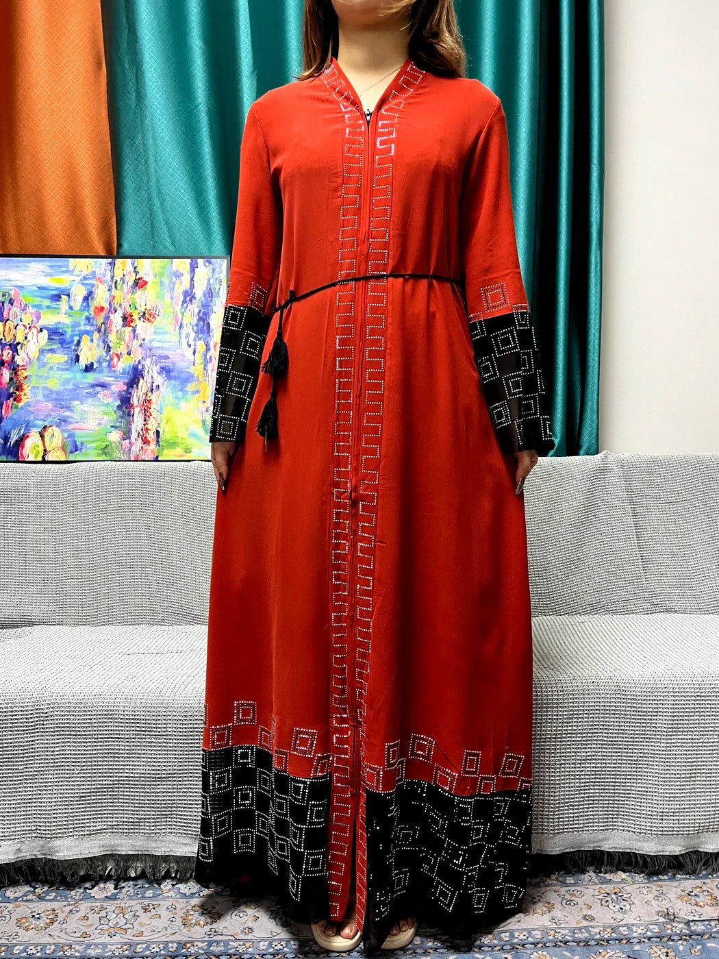 Abayas Chiffon Pure Chains Diamonds Loose Fit Femme Robe Caftan With Turban - Flexi Africa - Flexi Africa offers Free Delivery Worldwide - Vibrant African traditional clothing showcasing bold prints and intricate designs