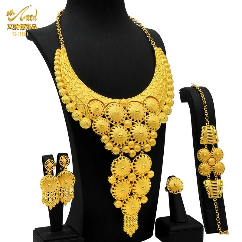 African Bridal Wedding Party Jewelry Set: Gold-Colored Necklace, Earrings, and Big Pendant Ensemble - Flexi Africa FREE POST