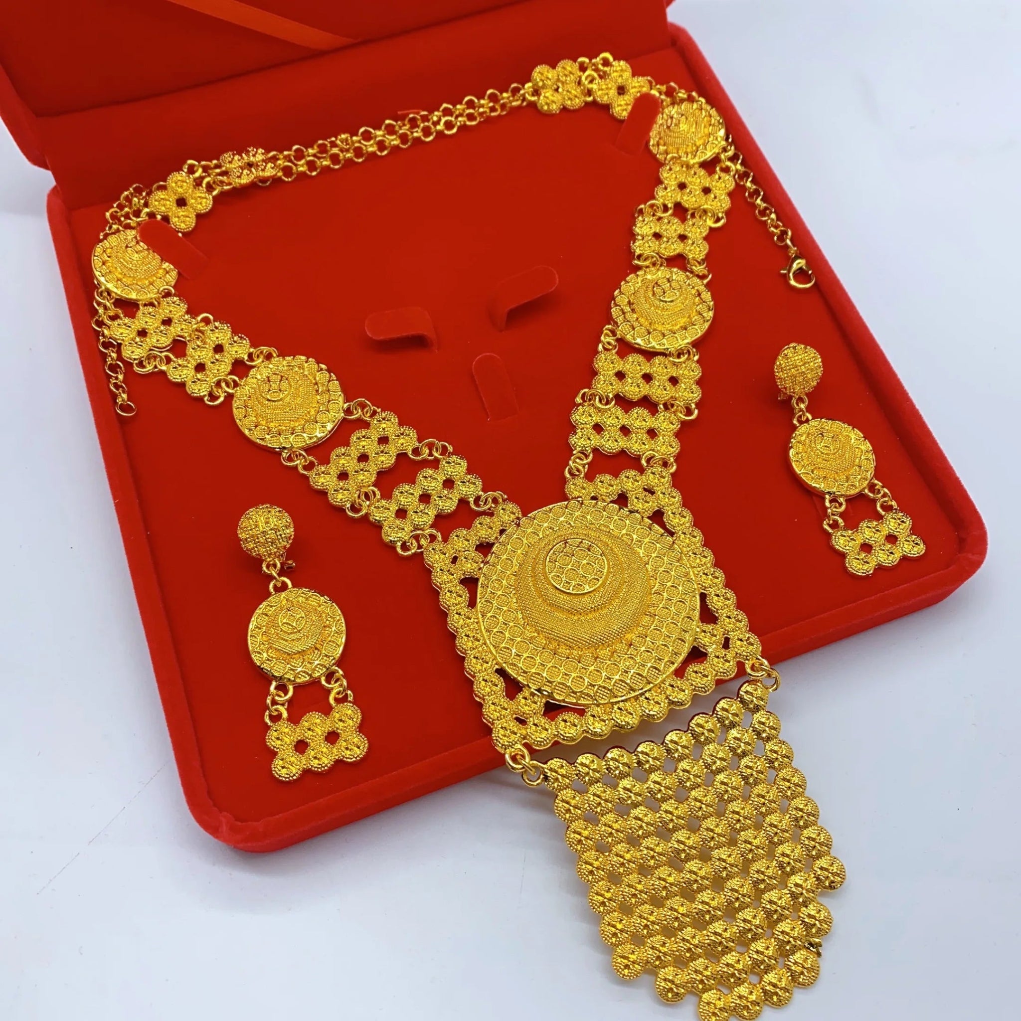 African Bridal Wedding Party Jewelry Set: Gold-Colored Necklace, Earrings, and Big Pendant Ensemble - Flexi Africa FREE POST