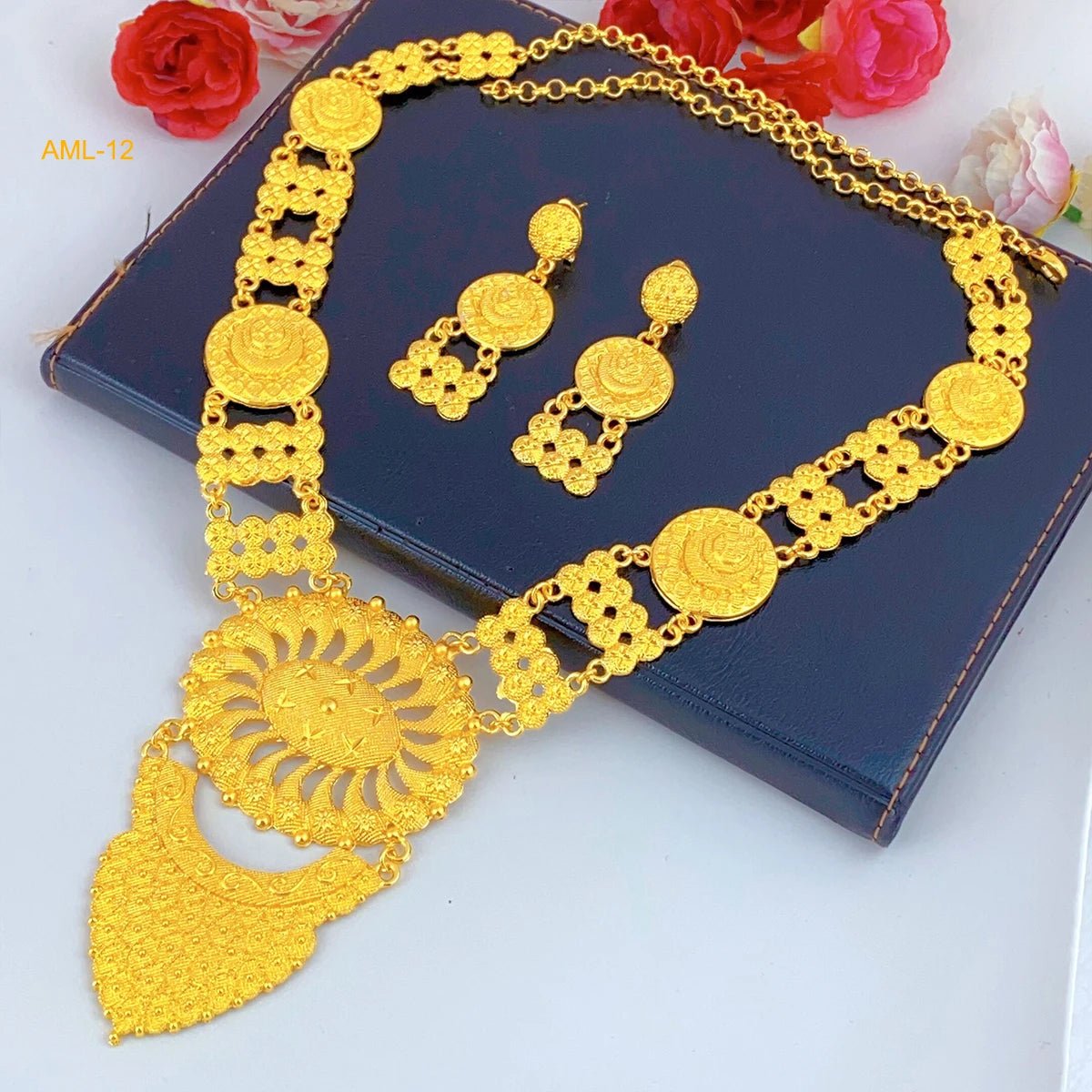 African Bridal Wedding Party Jewelry Set: Gold-Colored Necklace, Earrings, and Big Pendant Ensemble - Flexi Africa FREE POST