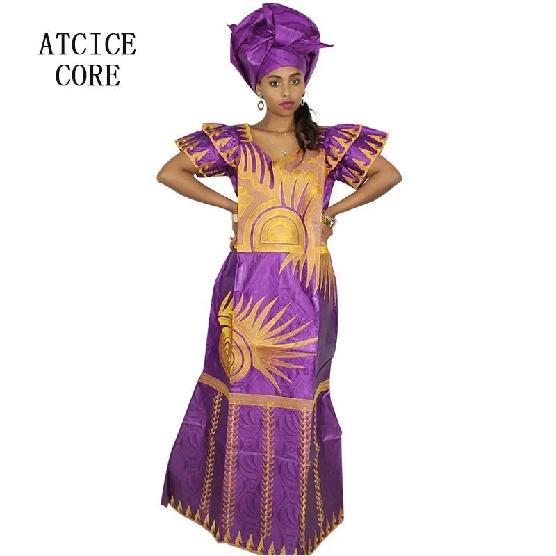 African Dresses for Women – Fashionable Long Dress with Embroidery Design & Matching Scarf - Free Delivery Worldwide only at Flexi Africa