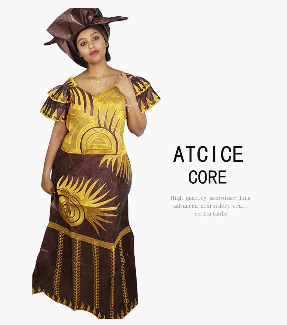 African Dresses for Women – Fashionable Long Dress with Embroidery Design & Matching Scarf - Free Delivery Worldwide only at Flexi Africa