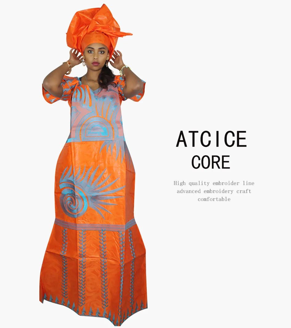 African Dresses for Women – Fashionable Long Dress with Embroidery Design & Matching Scarf - Free Delivery Worldwide only at Flexi Africa