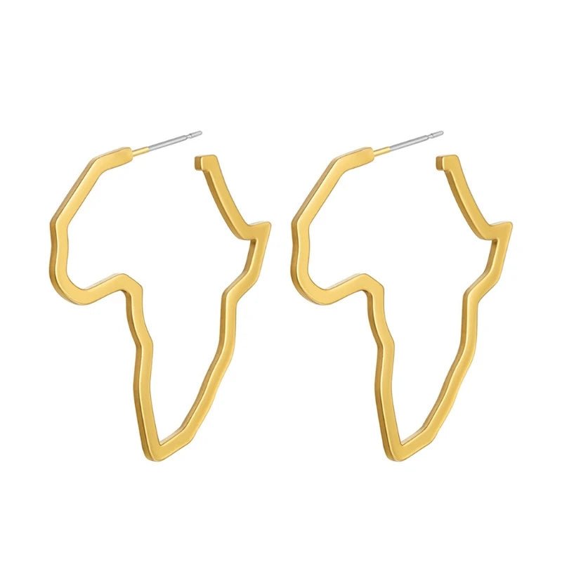 African Map Statement Earrings: Bold, Gold Colored Ornaments Traditional Ethnic Designs - Flexi Africa - Flexi Africa offers Free Delivery Worldwide - Vibrant African traditional clothing showcasing bold prints and intricate designs