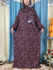 African Muslim Women Hooded Cotton Prayer Garment Kaftan With Hijab Floral Prints - Flexi Africa - www.flexiafrica.com