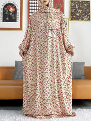 African Muslim Women Hooded Cotton Prayer Garment Kaftan With Hijab Floral Prints - Flexi Africa - www.flexiafrica.com