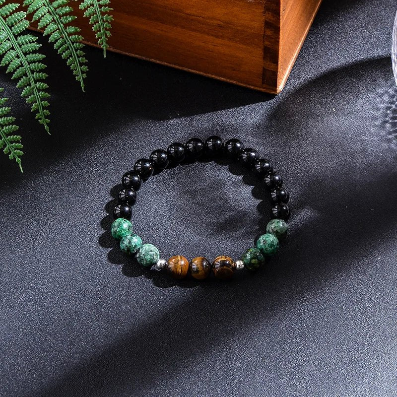 African Turquoise, Black Agate, and Yellow Tiger Eye Bead Japamala Meditation Necklace and Bracelet Set: Yoga Rosary Jewelry - Flexi Africa - Flexi Africa offers Free Delivery Worldwide - Vibrant African traditional clothing showcasing bold prints and intricate designs