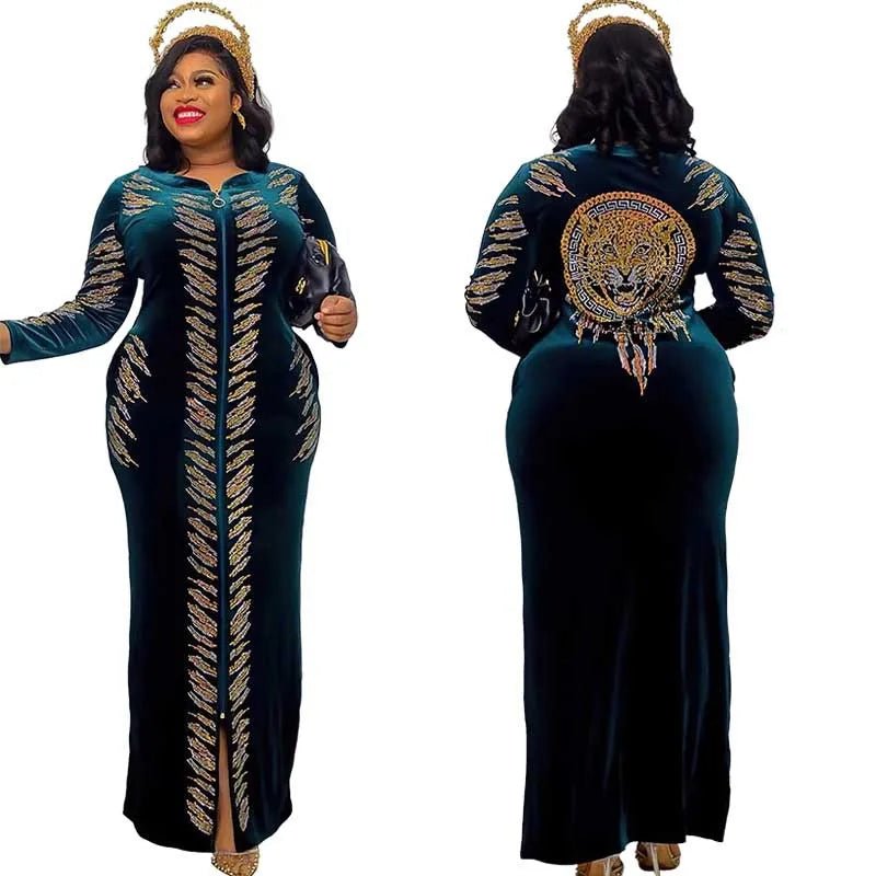 African Velvet Maxi Dress: Letter Robe Style with Sequins, O-Neck and Short Sleeves - Flexi Africa - www.flexiafrica.com