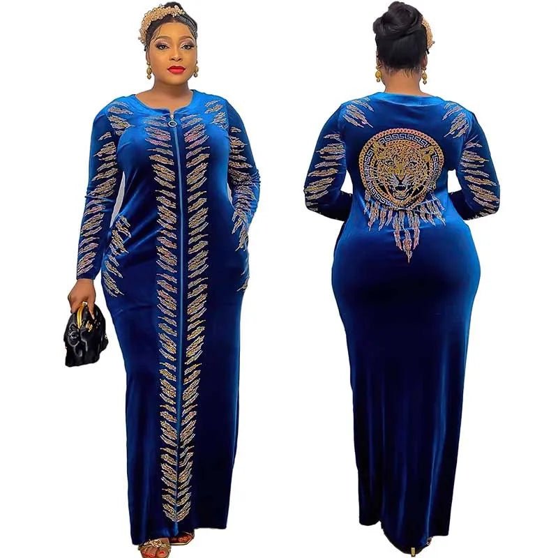 African Velvet Maxi Dress: Letter Robe Style with Sequins, O-Neck and Short Sleeves - Flexi Africa - Flexi Africa offers Free Delivery Worldwide - Vibrant African traditional clothing showcasing bold prints and intricate designs