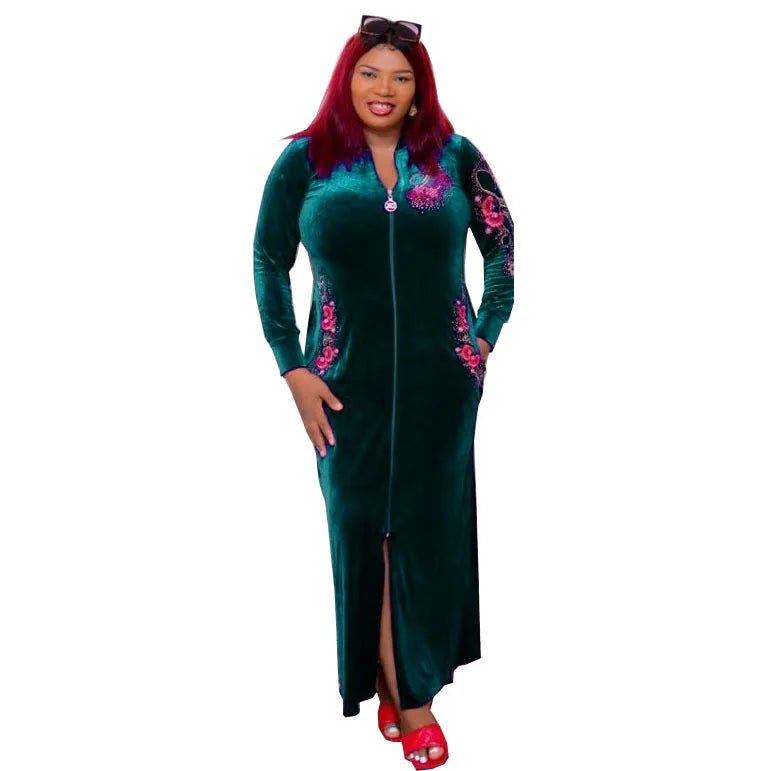 African Velvet Maxi Dress: Letter Robe Style with Sequins, O-Neck and Short Sleeves - Flexi Africa - Flexi Africa offers Free Delivery Worldwide - Vibrant African traditional clothing showcasing bold prints and intricate designs