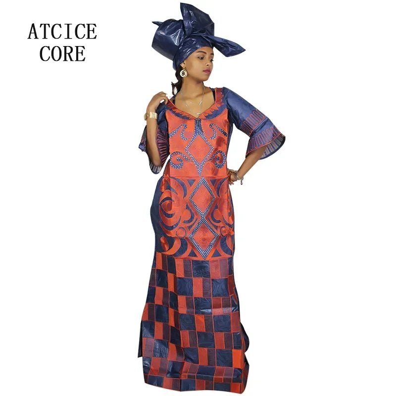 African Women's Bazin Riche Embroidered Plus - Size Long Dress with Matching Scarf - Free Delivery Worldwide only at Flexi Africa