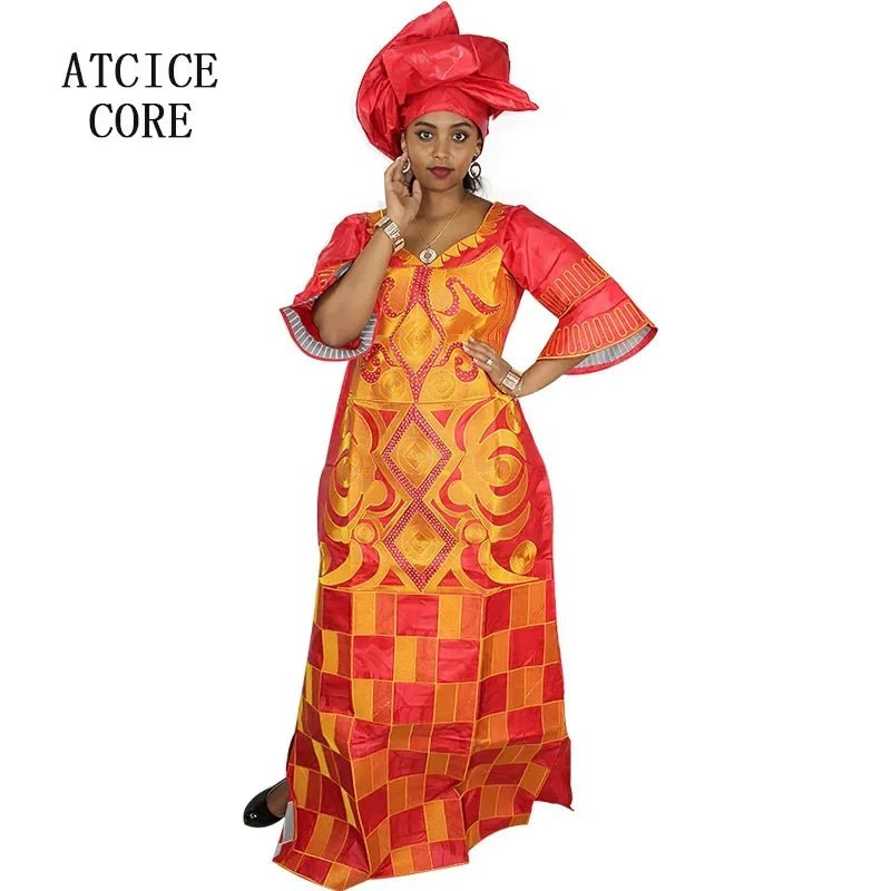 African Women's Bazin Riche Embroidered Plus - Size Long Dress with Matching Scarf - Free Delivery Worldwide only at Flexi Africa