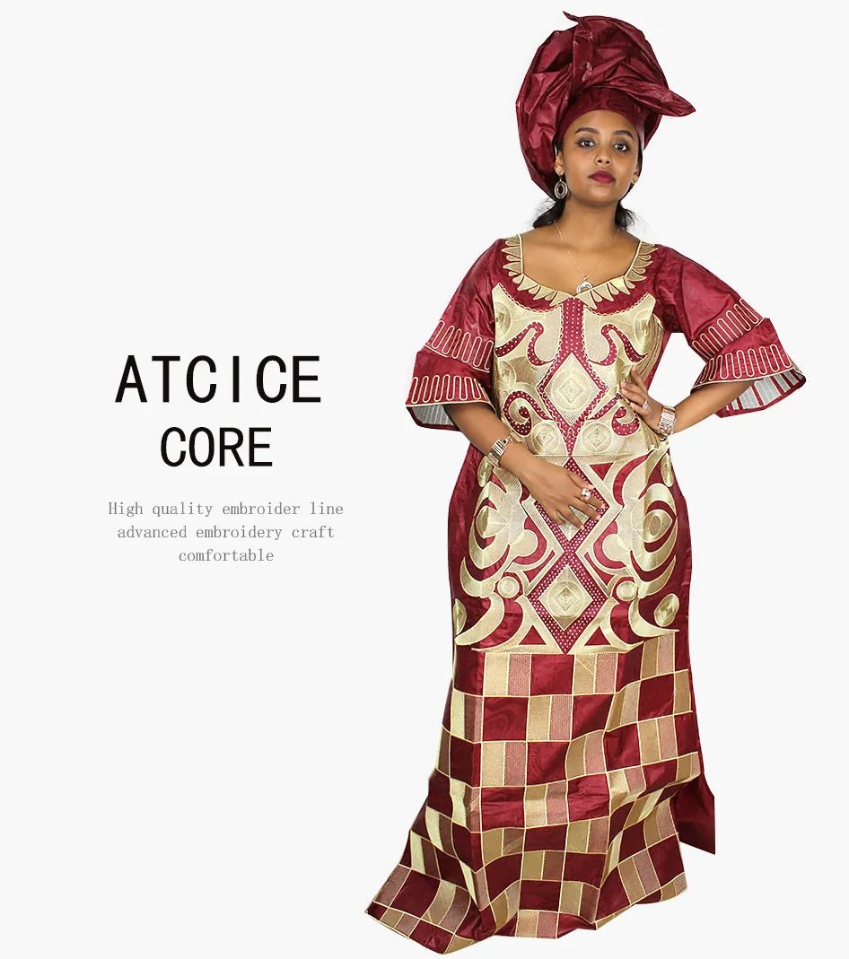 African Women's Bazin Riche Embroidered Plus - Size Long Dress with Matching Scarf - Free Delivery Worldwide only at Flexi Africa