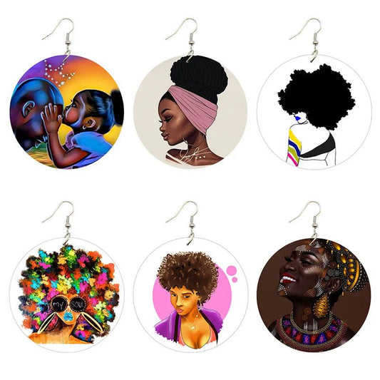 Afro Natural Hair Painted Wood Drop Earrings Lovely Baby Headwrap Woman African Queen Black Soul Art Printable Jewelry