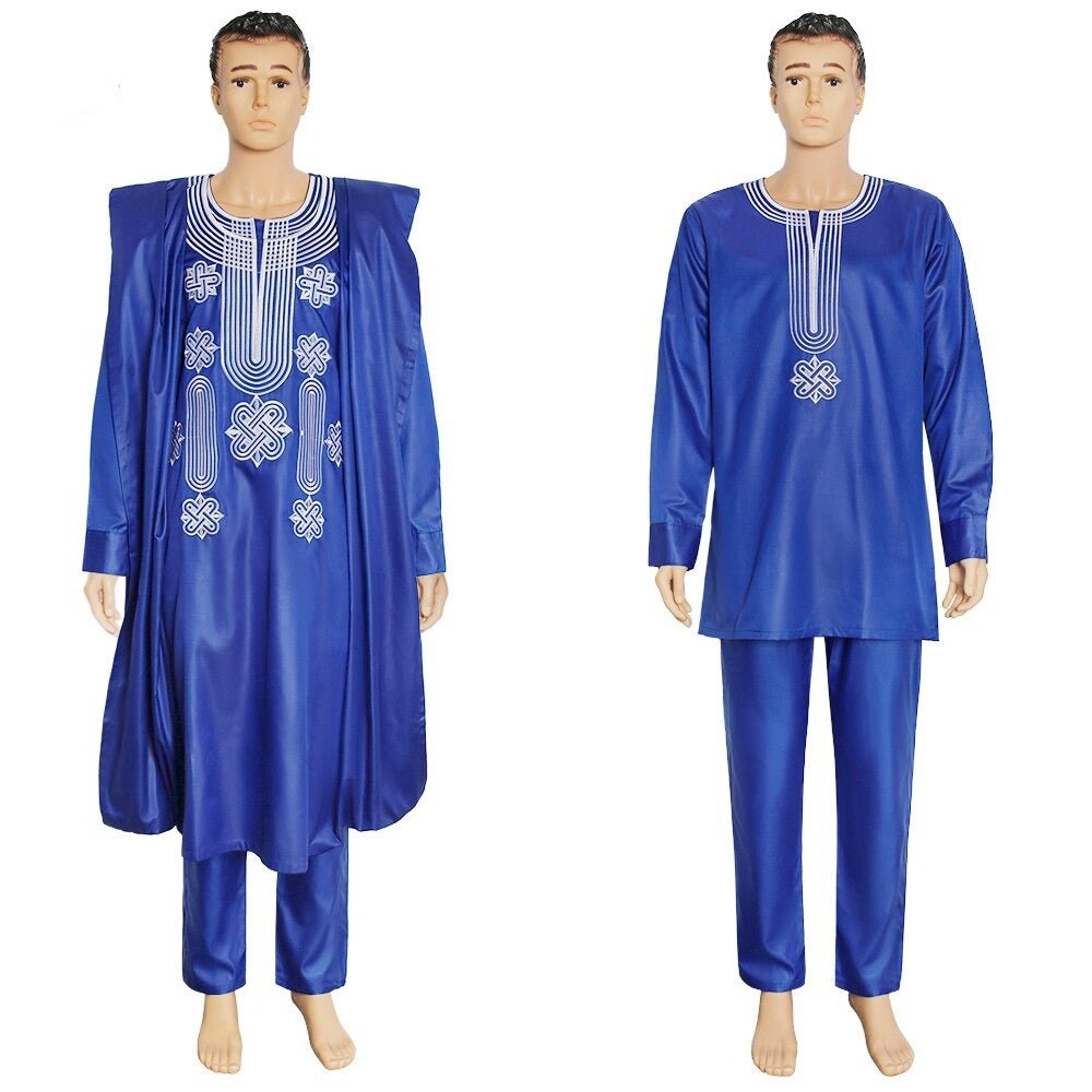 Authentic African Style: Men's Embroidered Agbada Suit Set Traditional Robes, Long Sleeve Shirt, and Pants - Free Delivery