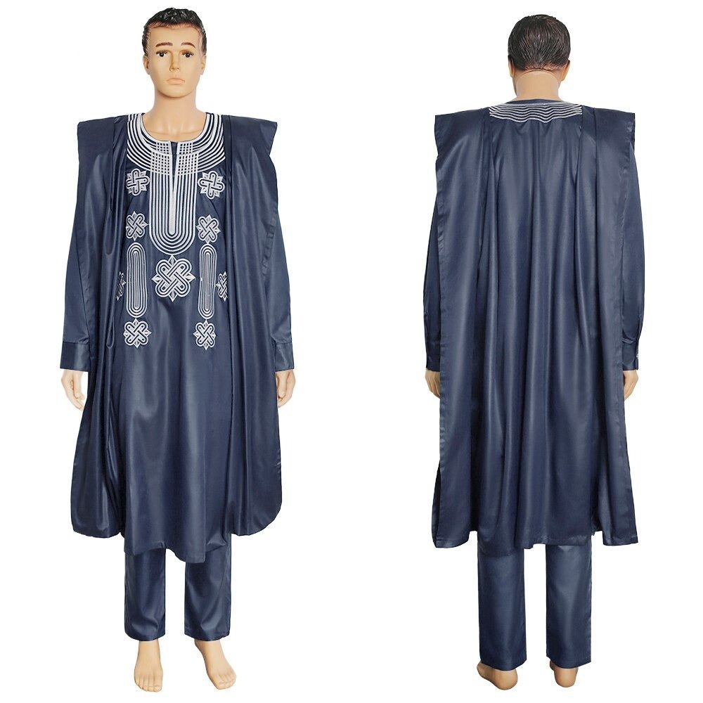 Authentic African Style: Men's Embroidered Agbada Suit Set Traditional Robes, Long Sleeve Shirt, and Pants - Free Delivery