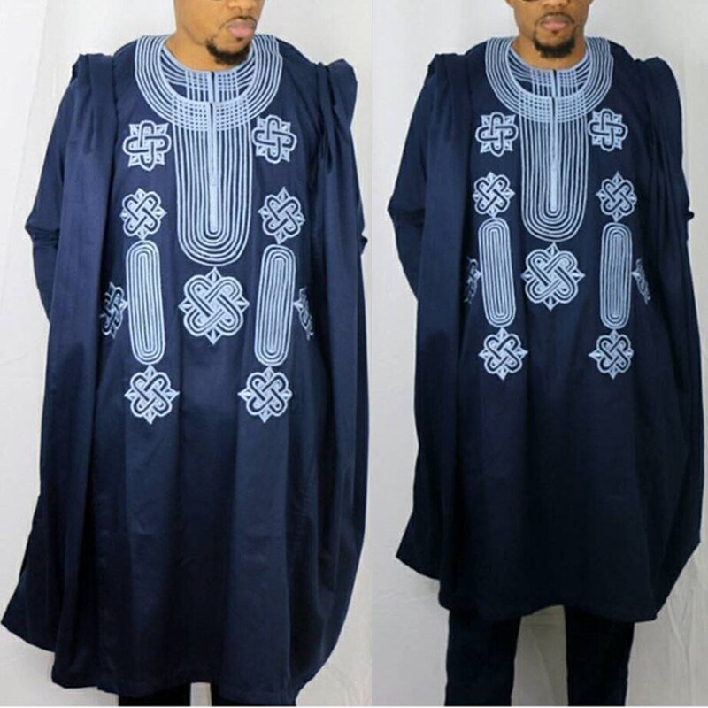 Authentic African Style: Men's Embroidered Agbada Suit Set Traditional Robes, Long Sleeve Shirt, and Pants - Free Delivery