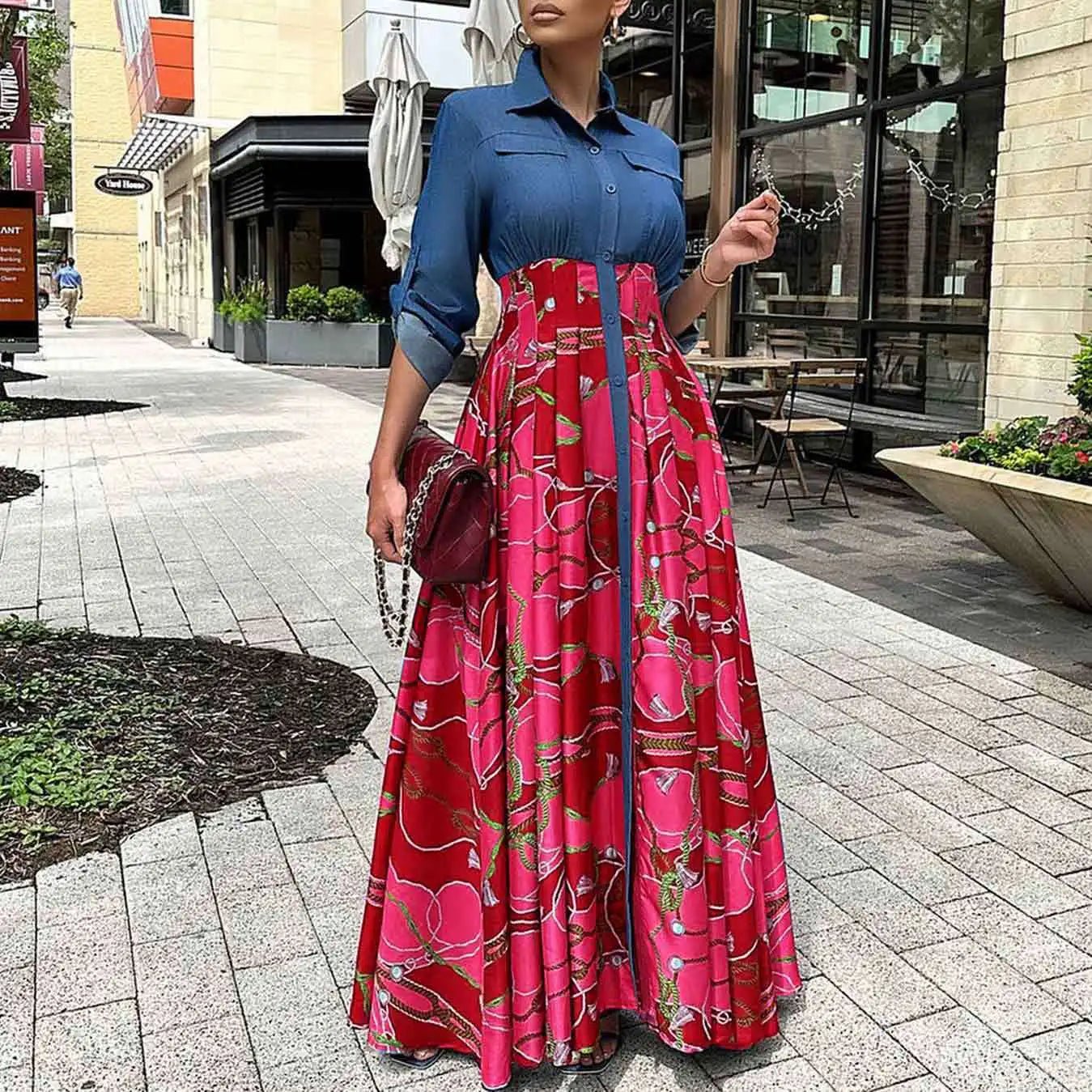 Autumn Winter African Dresses Women Long Sleeve Printing Polyester Red Blue Long Dress Maxi Clothes - Flexi Africa - Free Delivery Worldwide only at www.flexiafrica.com