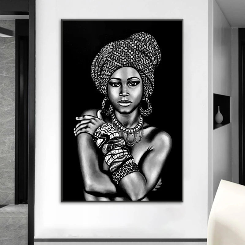 Black and White African Portrait Canvas Painting: Elegant Wall Art for Living Room and Home Décor - Flexi Africa - Flexi Africa offers Free Delivery Worldwide - Vibrant African traditional clothing showcasing bold prints and intricate designs