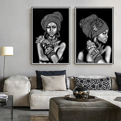 Black and White African Portrait Canvas Painting: Elegant Wall Art for Living Room and Home Décor - Flexi Africa - FREE POST