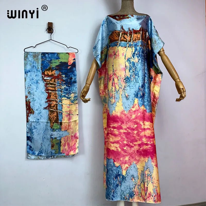 Bohemian Dashiki Print Summer Women Beach Dress with Belt - Flexi Africa - Flexi Africa offers Free Delivery Worldwide - Vibrant African traditional clothing showcasing bold prints and intricate designs