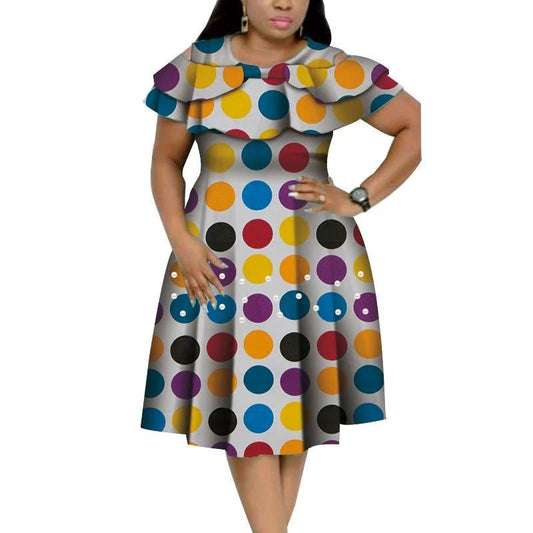 Boldly Beautiful: Bazin Riche African Ruffles Collar Dress with Dashiki Print and Pearls for Women - Free Delivery Worldwide only at Flexi Africa