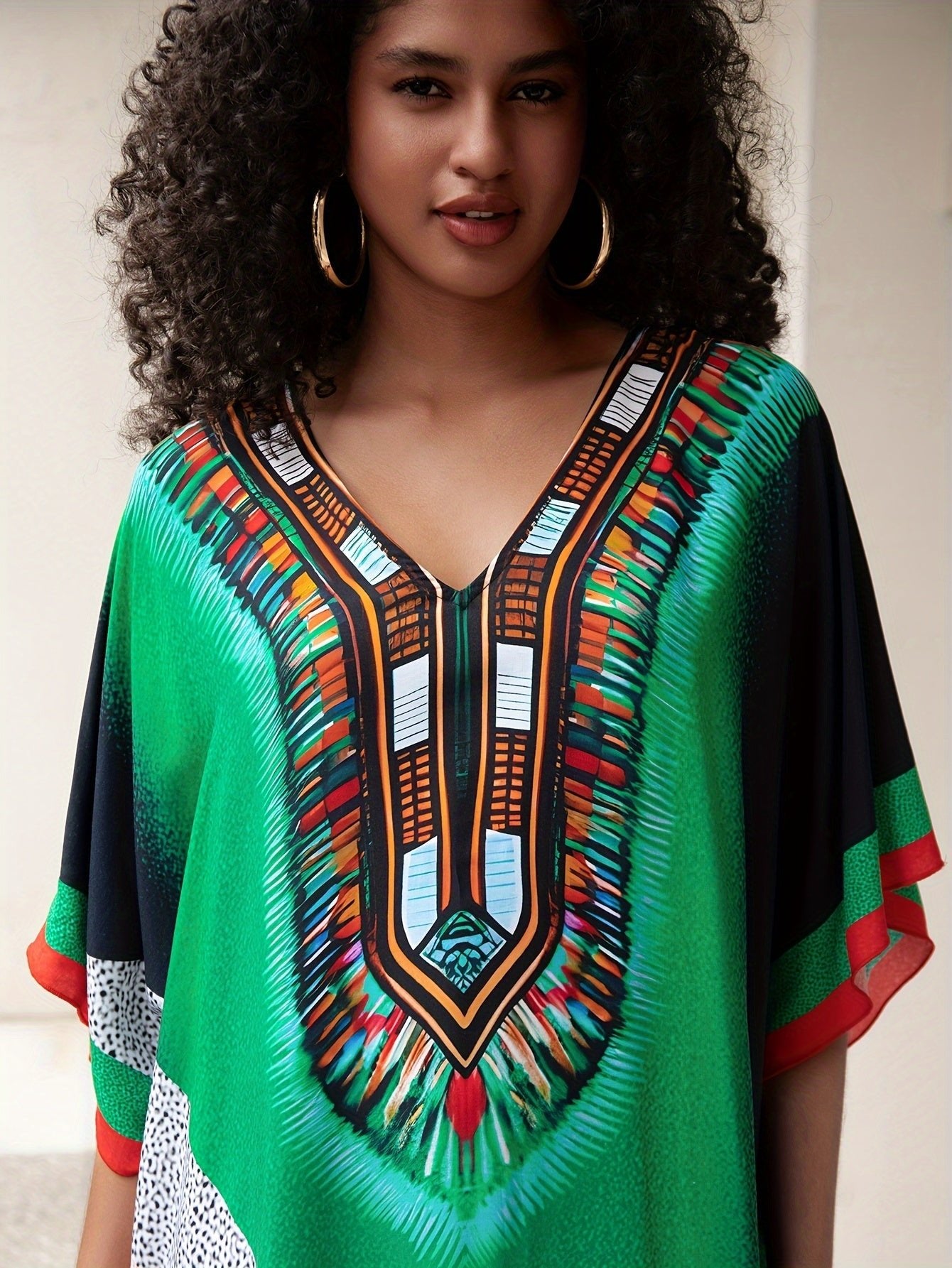 Caftan Dress Plus Size Boho Beach Cover - Up, Multi - Color Tribal Print - Free Delivery Worldwide only at Flexi Africa