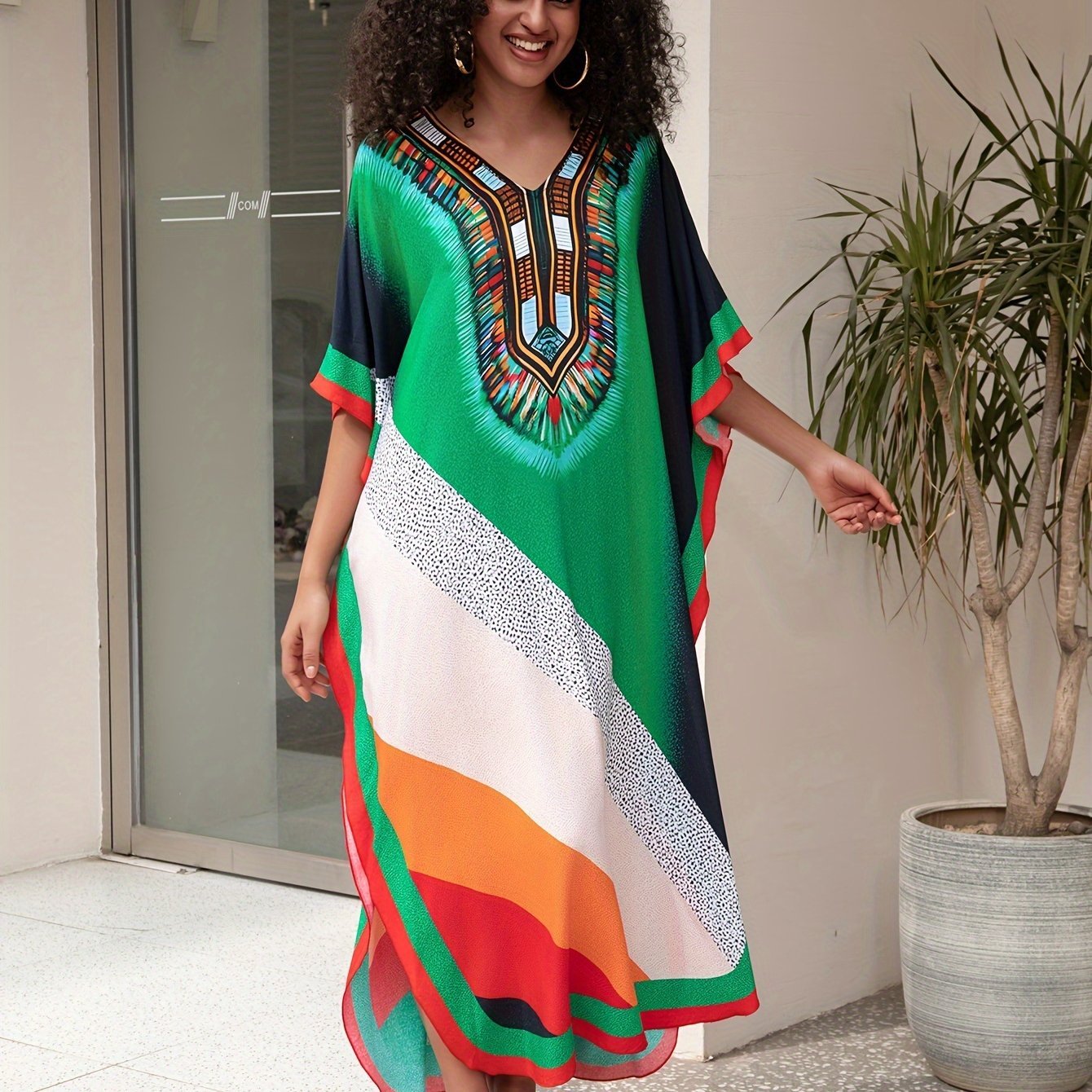 Caftan Dress Plus Size Boho Beach Cover - Up, Multi - Color Tribal Print - Free Delivery Worldwide only at Flexi Africa