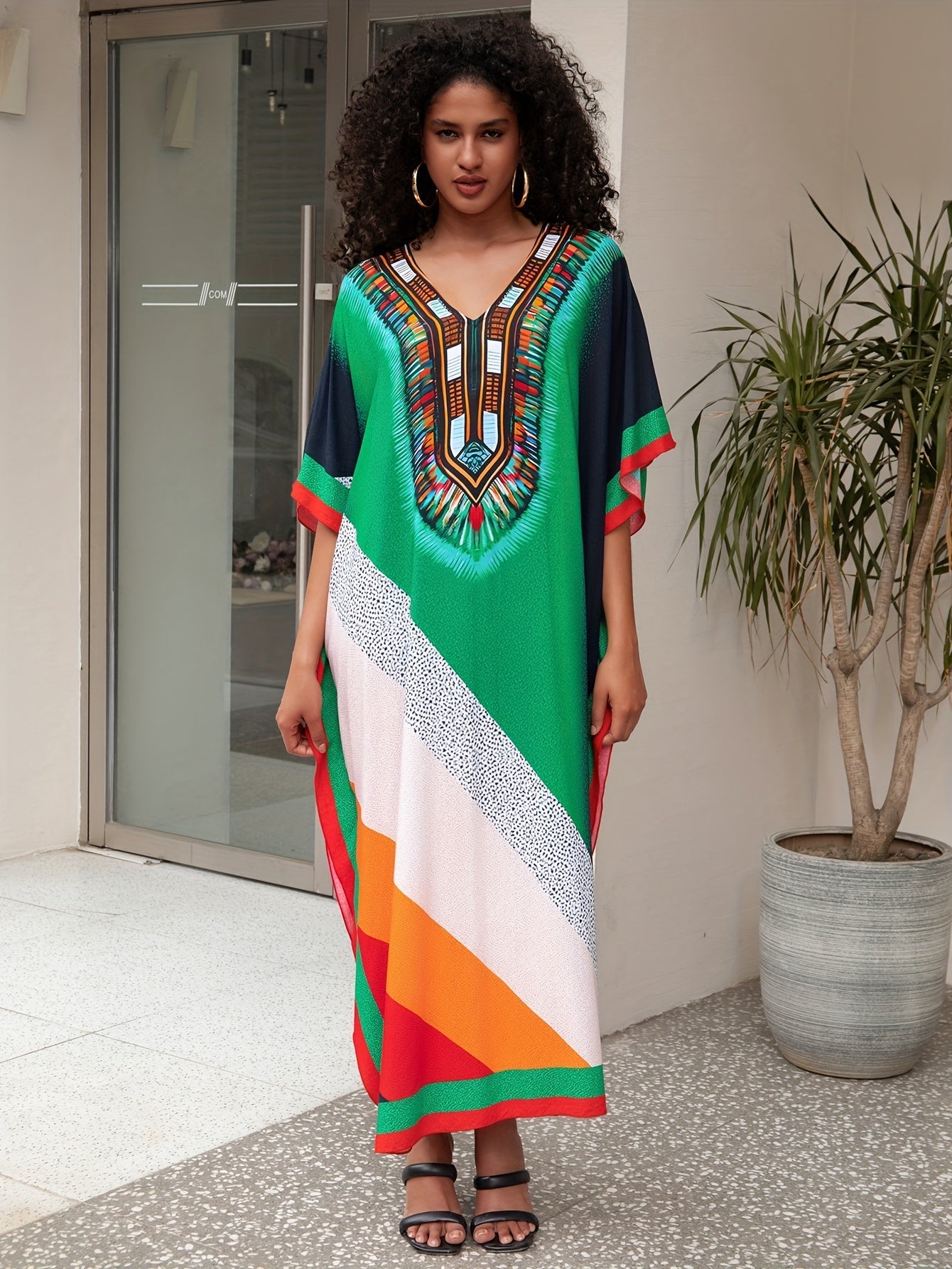 Caftan Dress Plus Size Boho Beach Cover - Up, Multi - Color Tribal Print - Free Delivery Worldwide only at Flexi Africa