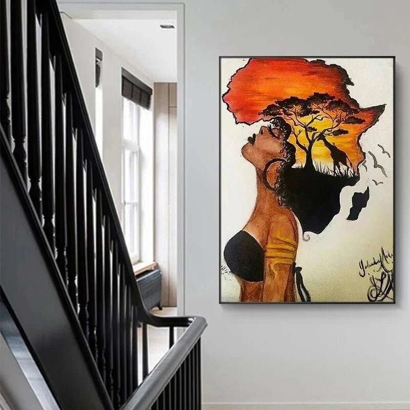 Classical African Woman Abstract Africa Map Shape Head Canvas Painting Posters and Prints Wall Art Aesthetic Picture Home Decor - Free Delivery Worldwide only at Flexi Africa