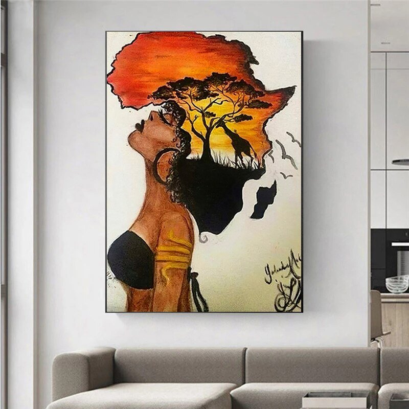 Classical African Woman Abstract Africa Map Shape Head Canvas Painting Posters and Prints Wall Aesthetic Picture Home Decor