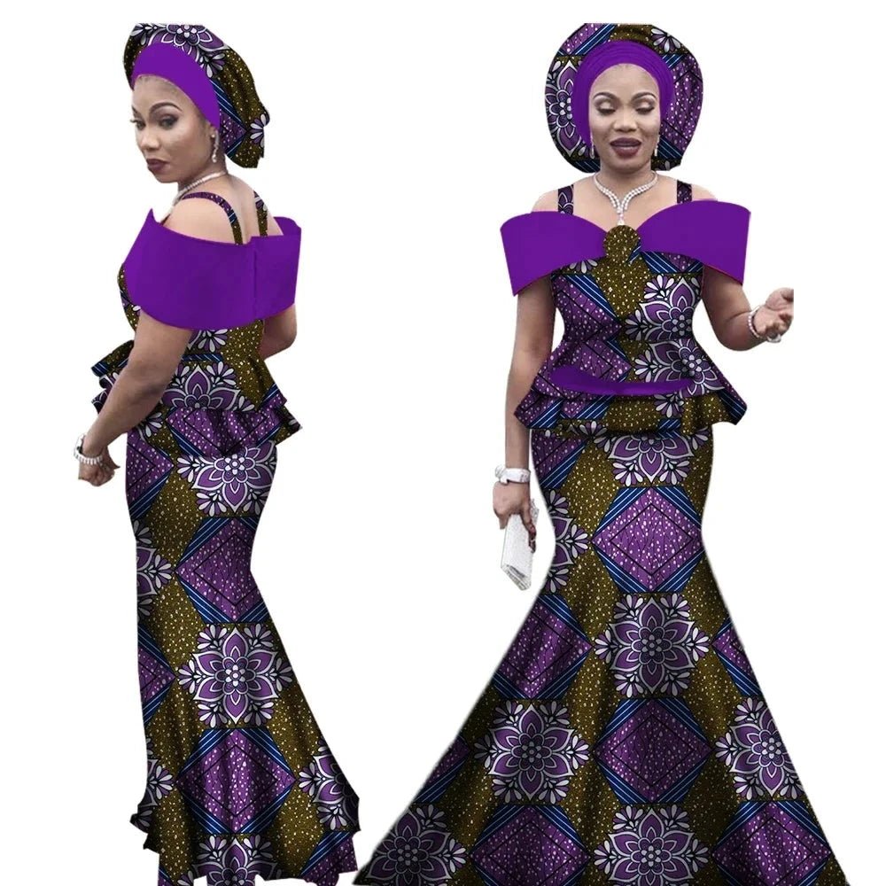 Dashiki Bazin Print Women's Set: Strap Top and Long Skirt with Headtie - Complete African Outfit Ensemble - Flexi Africa - Flexi Africa offers Free Delivery Worldwide - Vibrant African traditional clothing showcasing bold prints and intricate designs