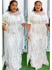 Elegant African Wedding Party Dresses for Women: Short Sleeve O - Neck Polyester Maxi Evening Gowns - Free Delivery Worldwide only at Flexi Africa