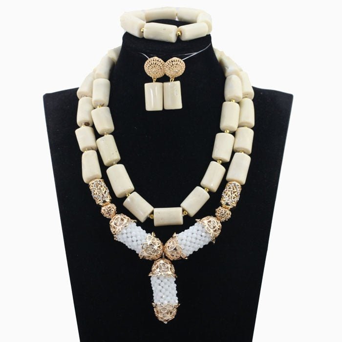 Elegant White Coral Beads Jewelry Set for Brides African Wedding Necklace, Earrings & Bracelet - Flexi Africa