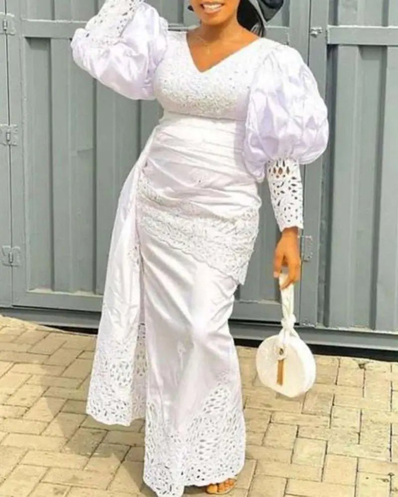 Elegant White Dashiki Maxi Dress: African - Inspired Abaya for Women's Muslim Fashion - Flexi Africa - Free Delivery Worldwide only at www.flexiafrica.com