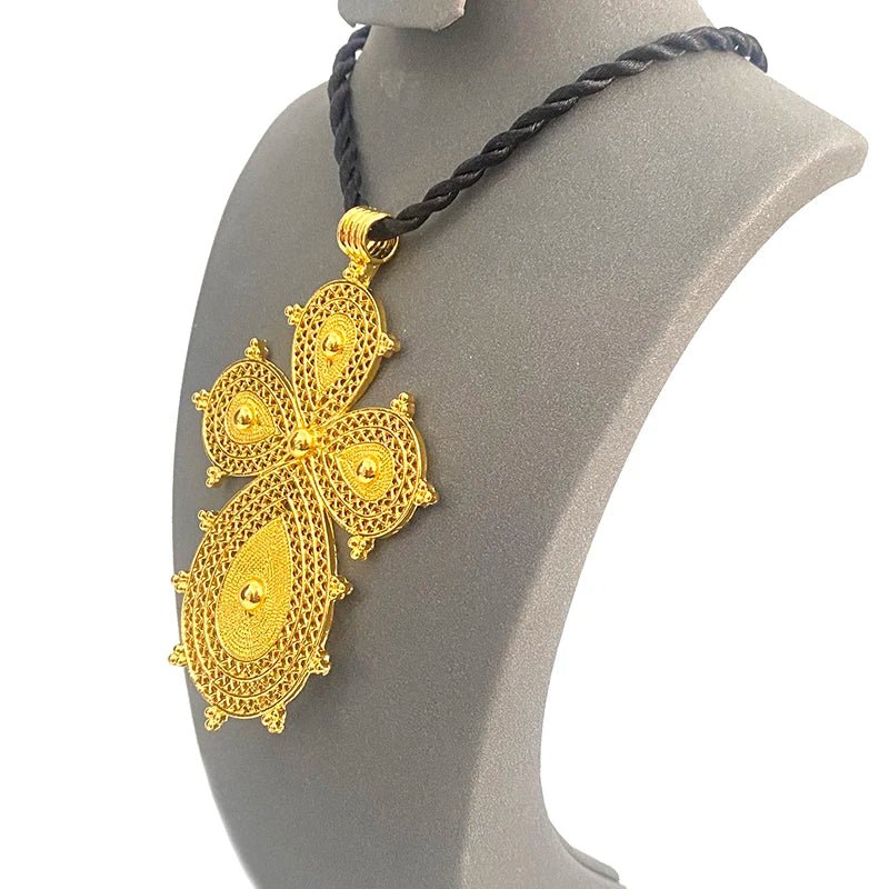 Ethiopian Cross Pendant Necklace with 80cm Twisted Chain – Gold Color African Wedding Party Jewelry Gift - Free Delivery Worldwide only at Flexi Africa