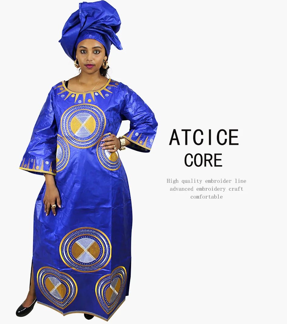 Fashionable African Dresses for Women: Bazin Riche Embroidery Long Dress with Matching Scarf - Free Delivery Worldwide only at Flexi Africa