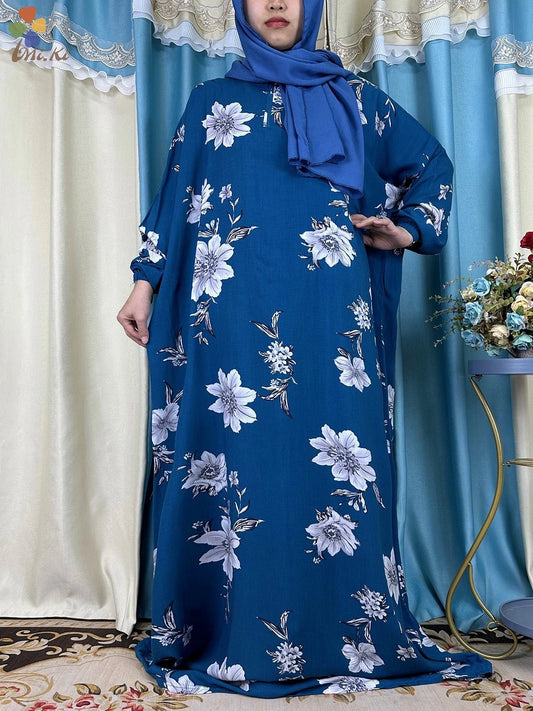 Floral Elegance: New African Abaya Dress with Turban Joint - Loose-Fit Muslim Rayon - Flexi Africa - www.flexiafrica.com