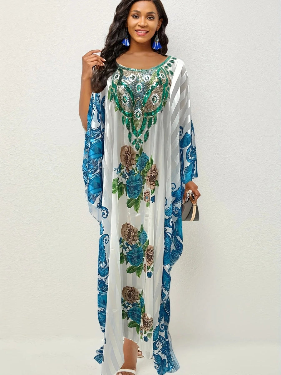 Floral Paisley Print Kaftan Dress, Elegant Ethnic Maxi Loose Kaftan Dress - Free Delivery Worldwide only at Flexi Africa