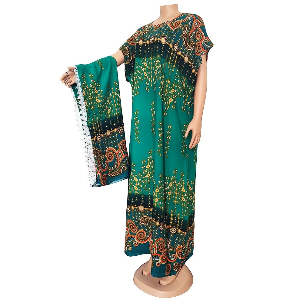 Floral Print African Dress for Women with Lace Detailing and Matching Scarf - 100% Cotton - Flexi Africa - Free Delivery