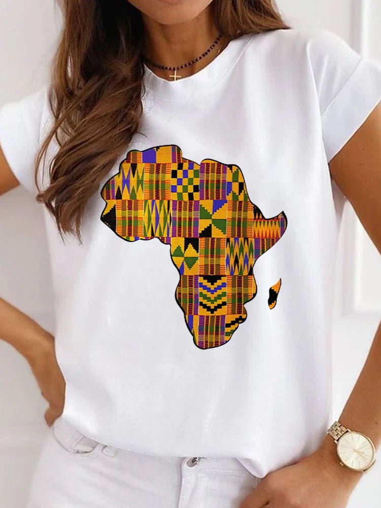 Fresh African Women's Casual Short Sleeve T-shirt: Loose-Fit O-neck White Tee - Flexi Africa - Flexi Africa offers Free Delivery Worldwide - Vibrant African traditional clothing showcasing bold prints and intricate designs